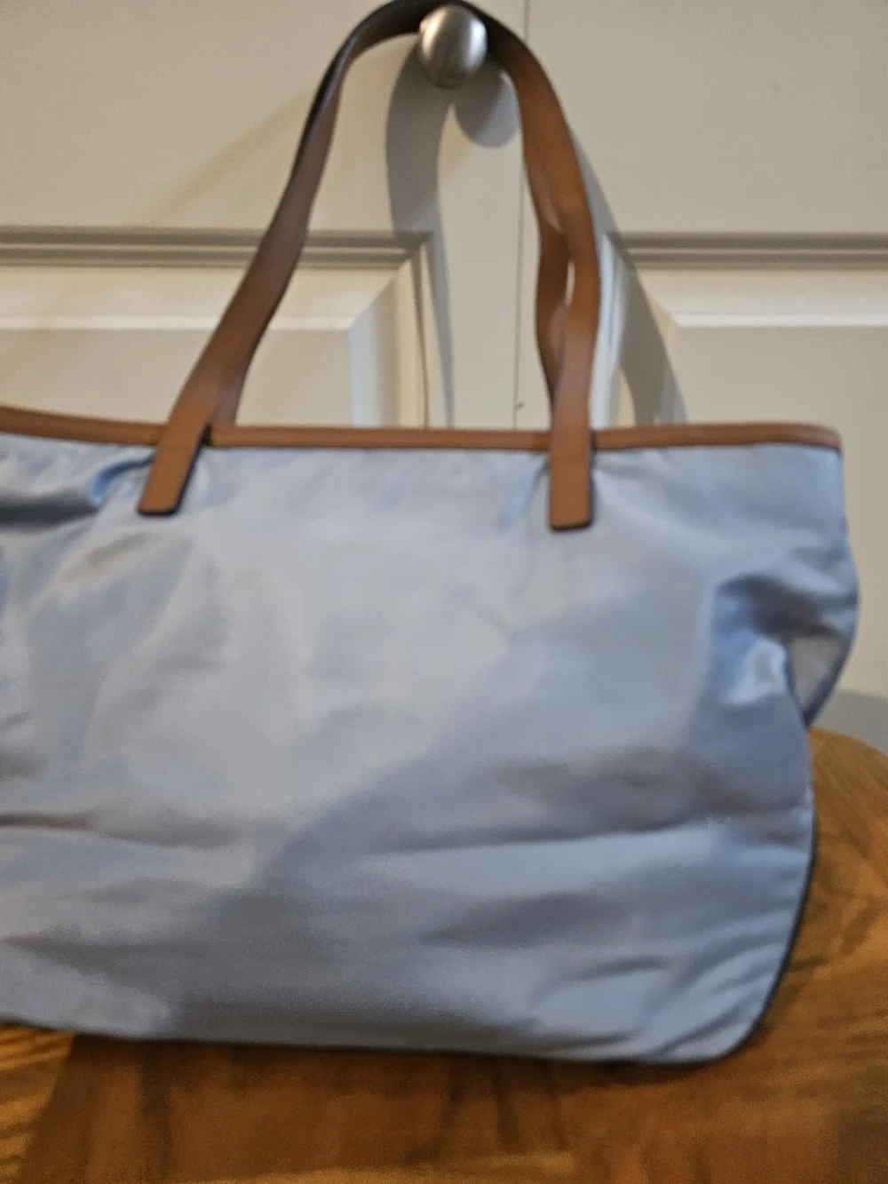 Michael Kors Light Blue Nylon Tote with Brown Leather Trim